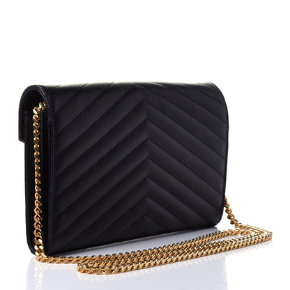 Saint Laurent Grain De Poudre Matelasse Chevron Monogram Chain Wallet Black 2 of 11