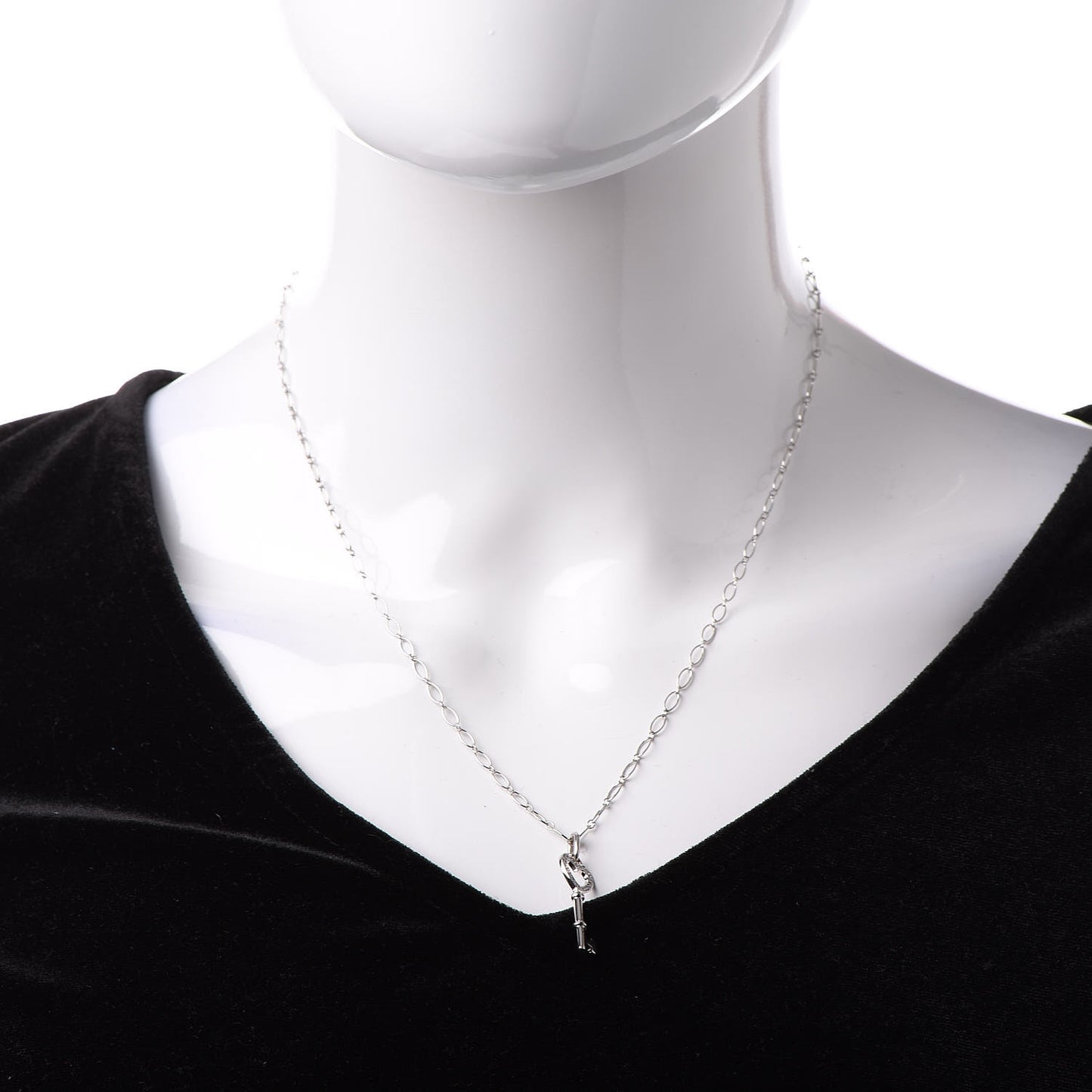 18K White Gold Diamond Mini Heart Key Charm Pendant Link Necklace