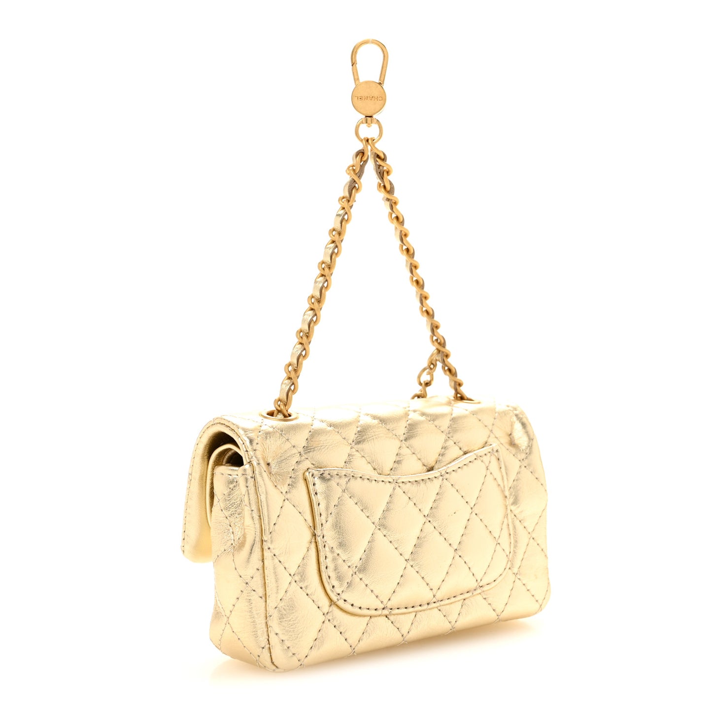 Metallic Calfskin Quilted Mini Flap Bag Charm With Hook Golden Golden