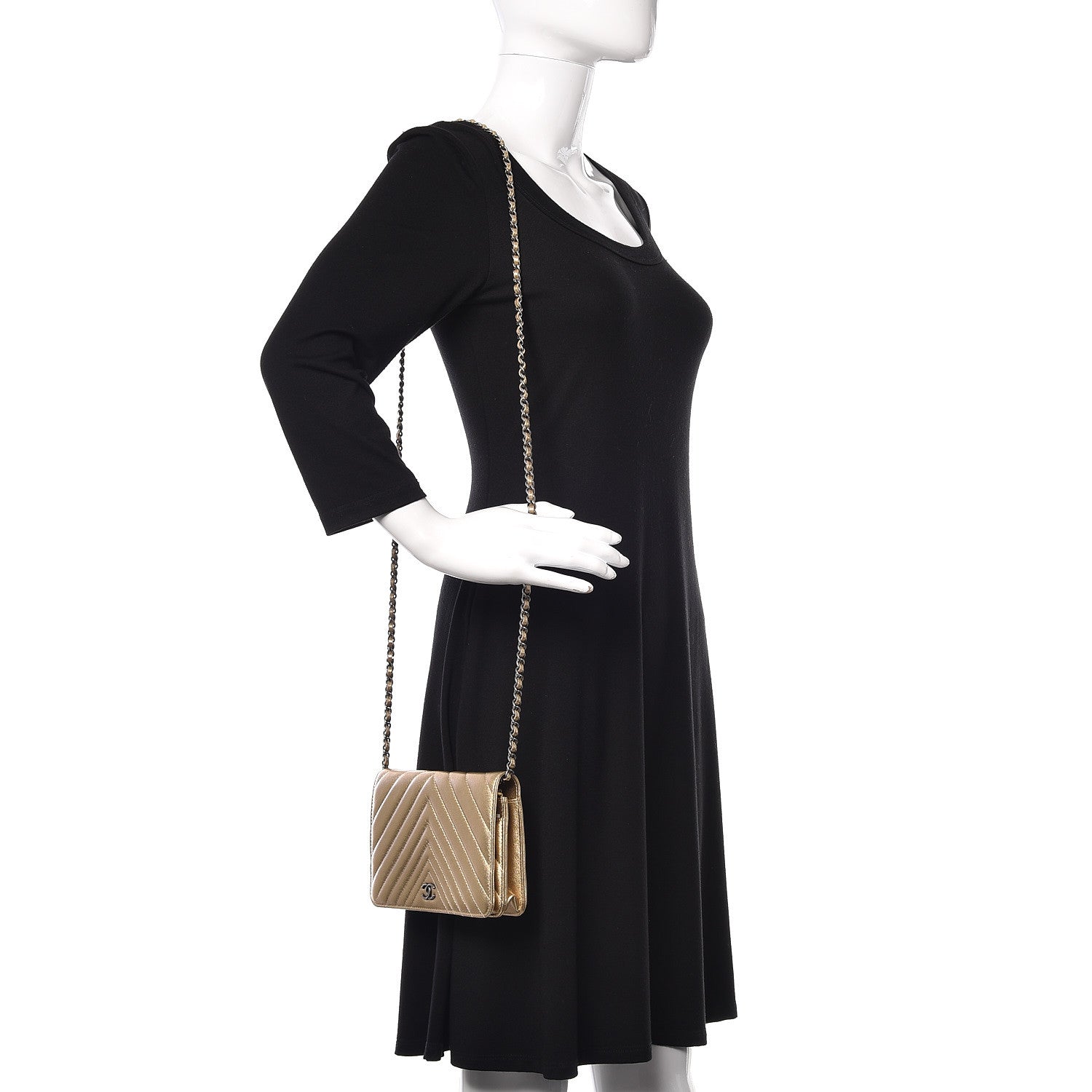 Chanel Metallic Lambskin Chevron Quilted Wallet On Chain WOC Gold 2 of 14