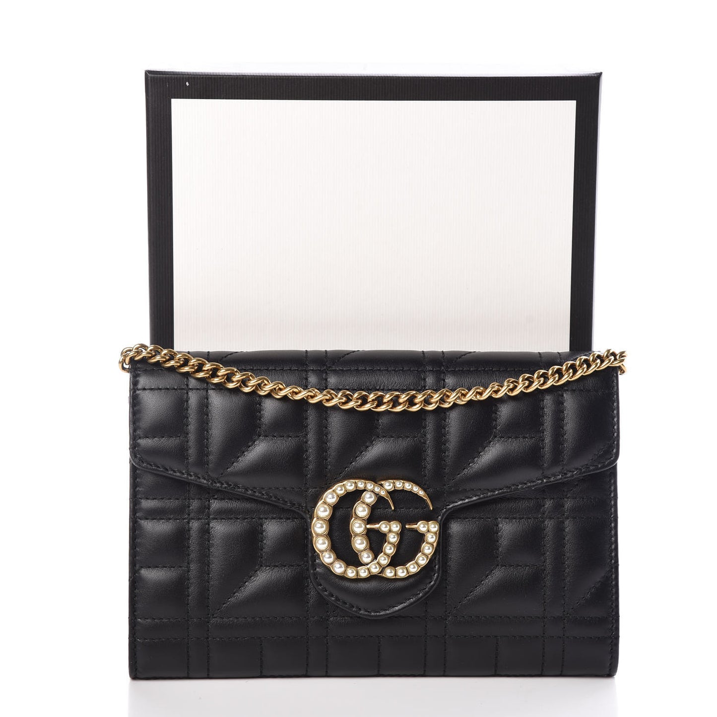 Calfskin Matelasse Mini Pearly GG Marmont Chain Wallet Black