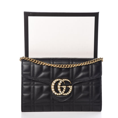 Gucci Calfskin Matelasse Mini Pearly GG Marmont Chain Wallet Black 7 of 7
