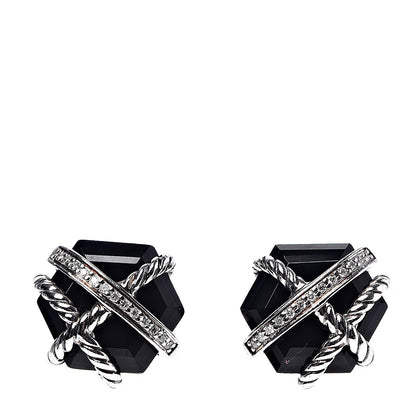 David Yurman Sterling Silver Diamond Black Onyx 11mm Cable Wrap Earrings 1 of 5