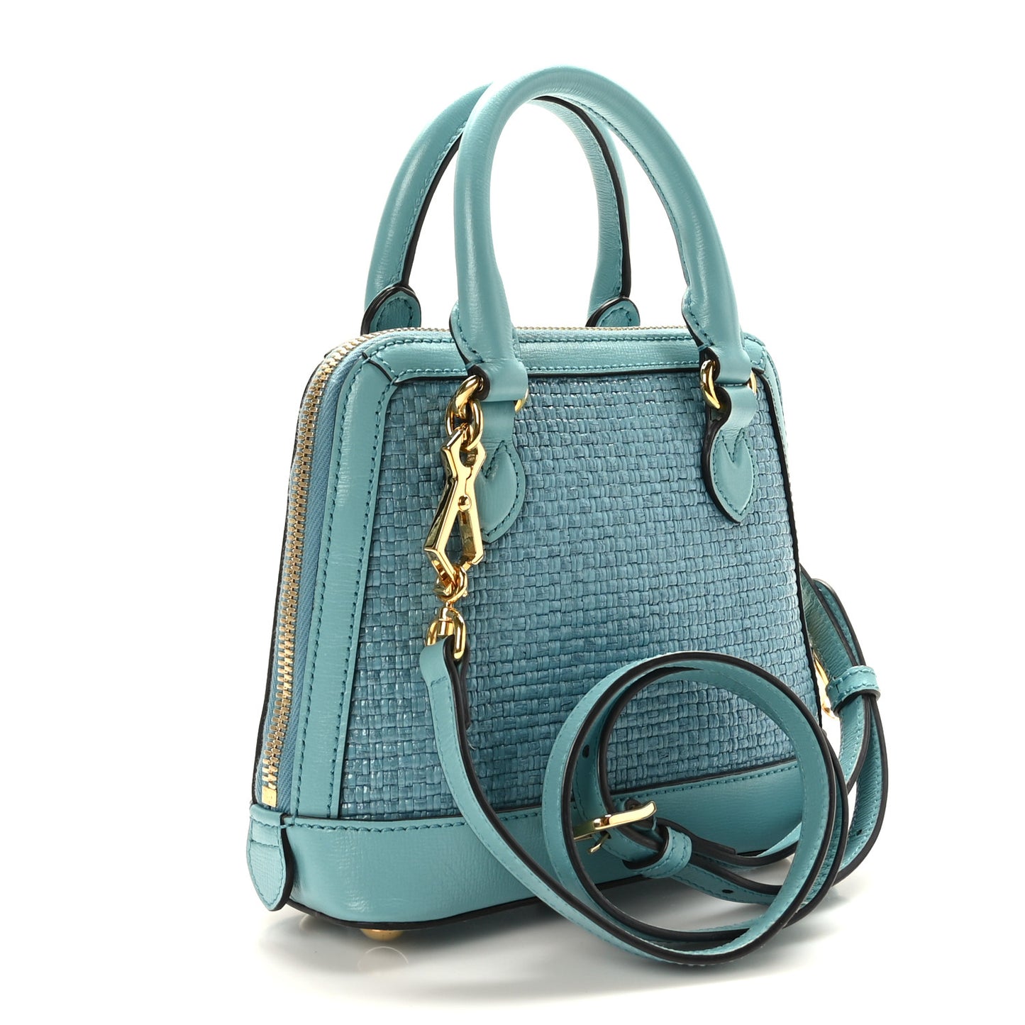 Straw Azalea Calfskin Woven Mini Horsebit 1955 Top Handle Bag Dusty Azure Black