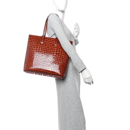 Christian Louboutin Patent Calfskin Crocodile Embossed Spikes Zipped Cabata Tote Acajou 2 of 10