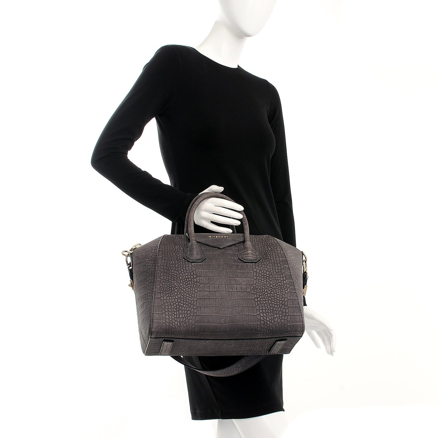 Nubuck Crocodile Embossed Medium Antigona Washed Black