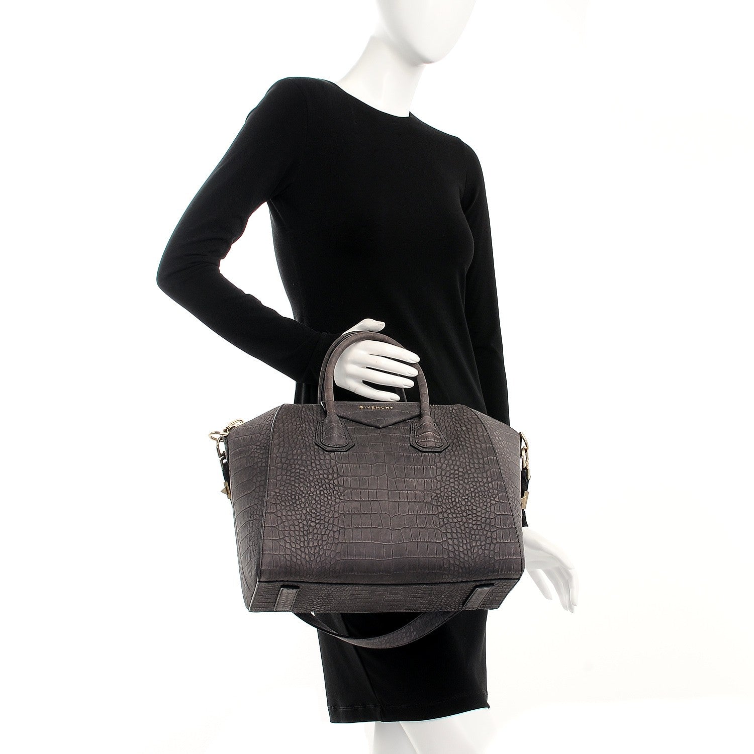 Givenchy Nubuck Crocodile Embossed Medium Antigona Washed Black 3 of 8