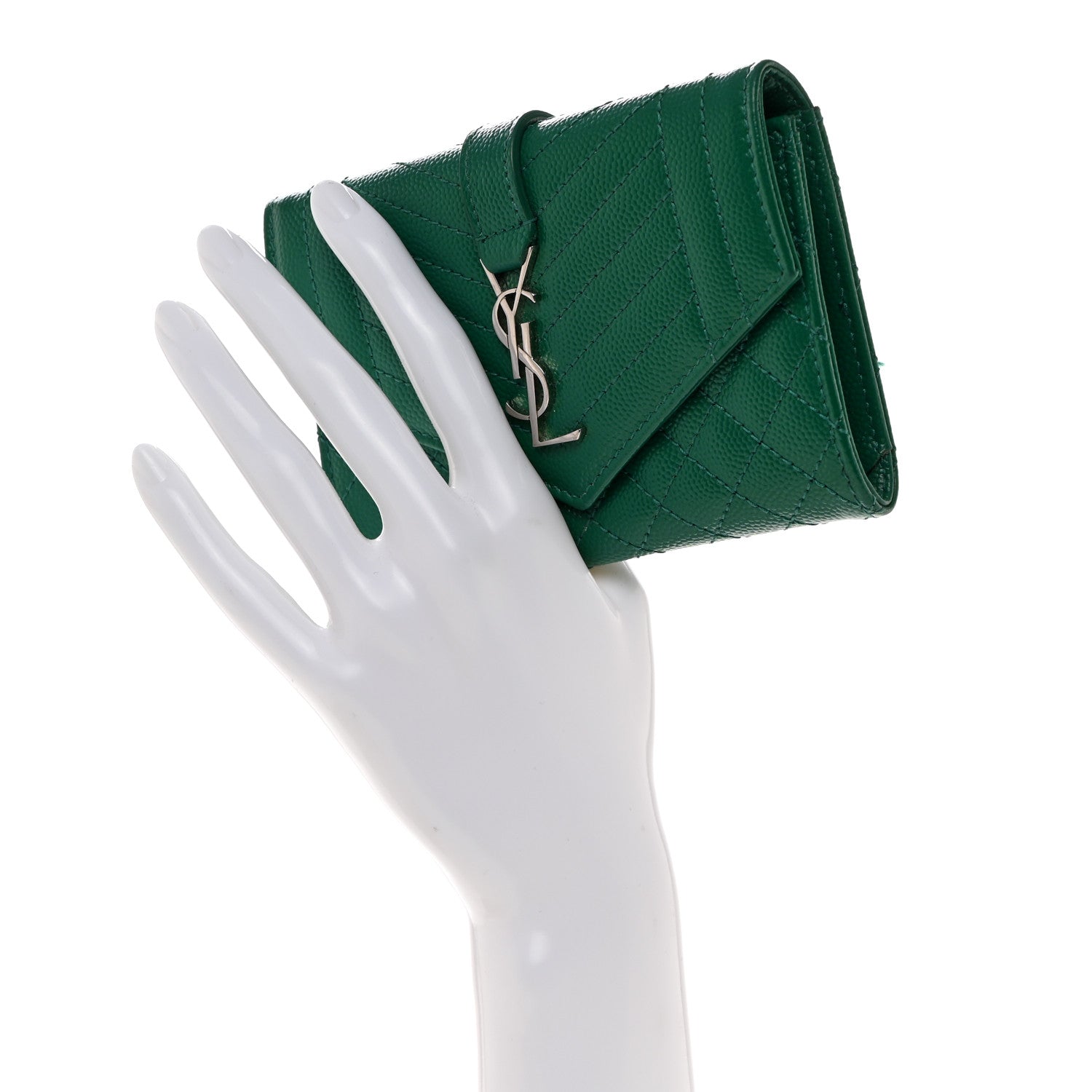 Saint Laurent Grain De Poudre Textured Mixed Matelasse Triquilt Small Monogram Envelope Wallet Green 2 of 8