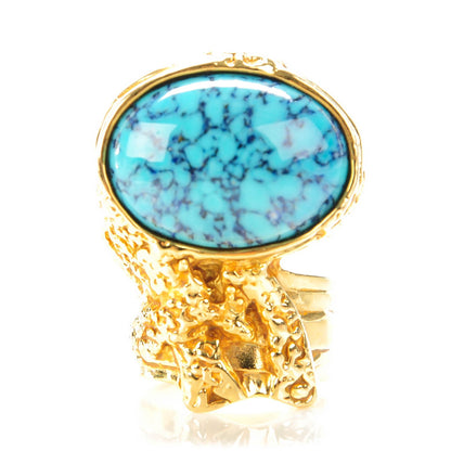Saint Laurent Glass Cabochon Arty Ovale Ring 8 Gold Turquoise 1 of 4