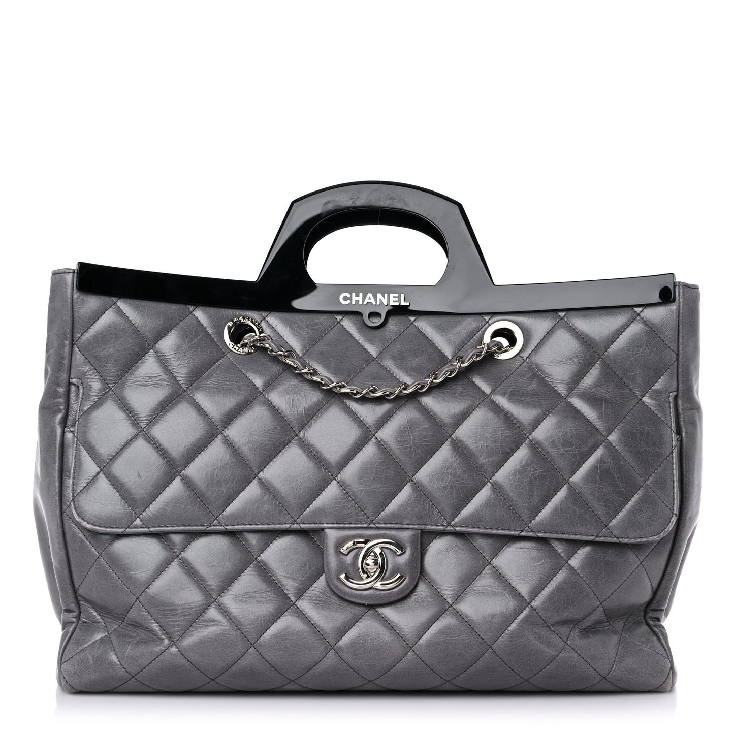 Glazed Calfskin Quilted Large CC Delivery Tote Grey
