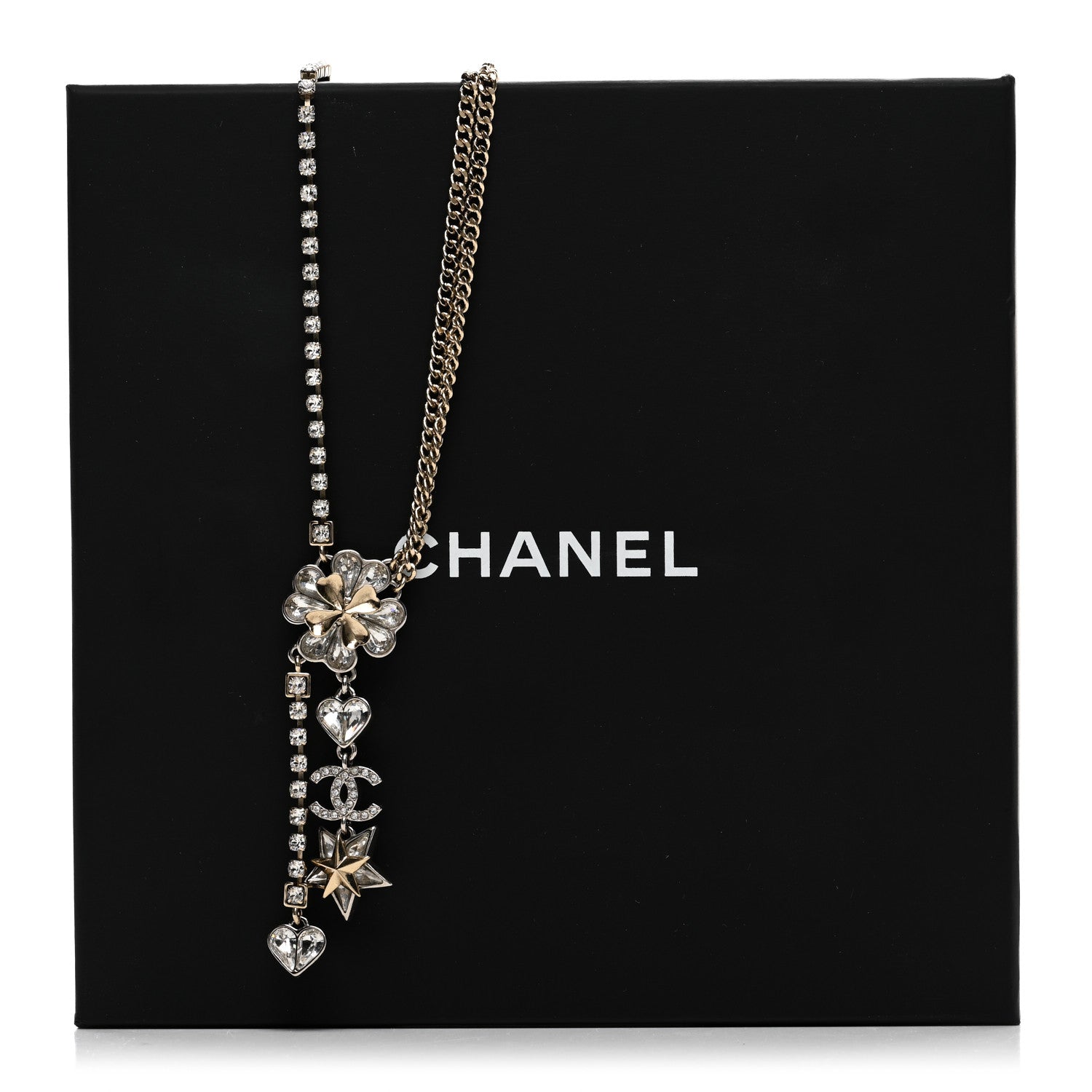 Chanel Crystal Clover Heart Star CC Drop Necklace Silver Gold 6 of 6
