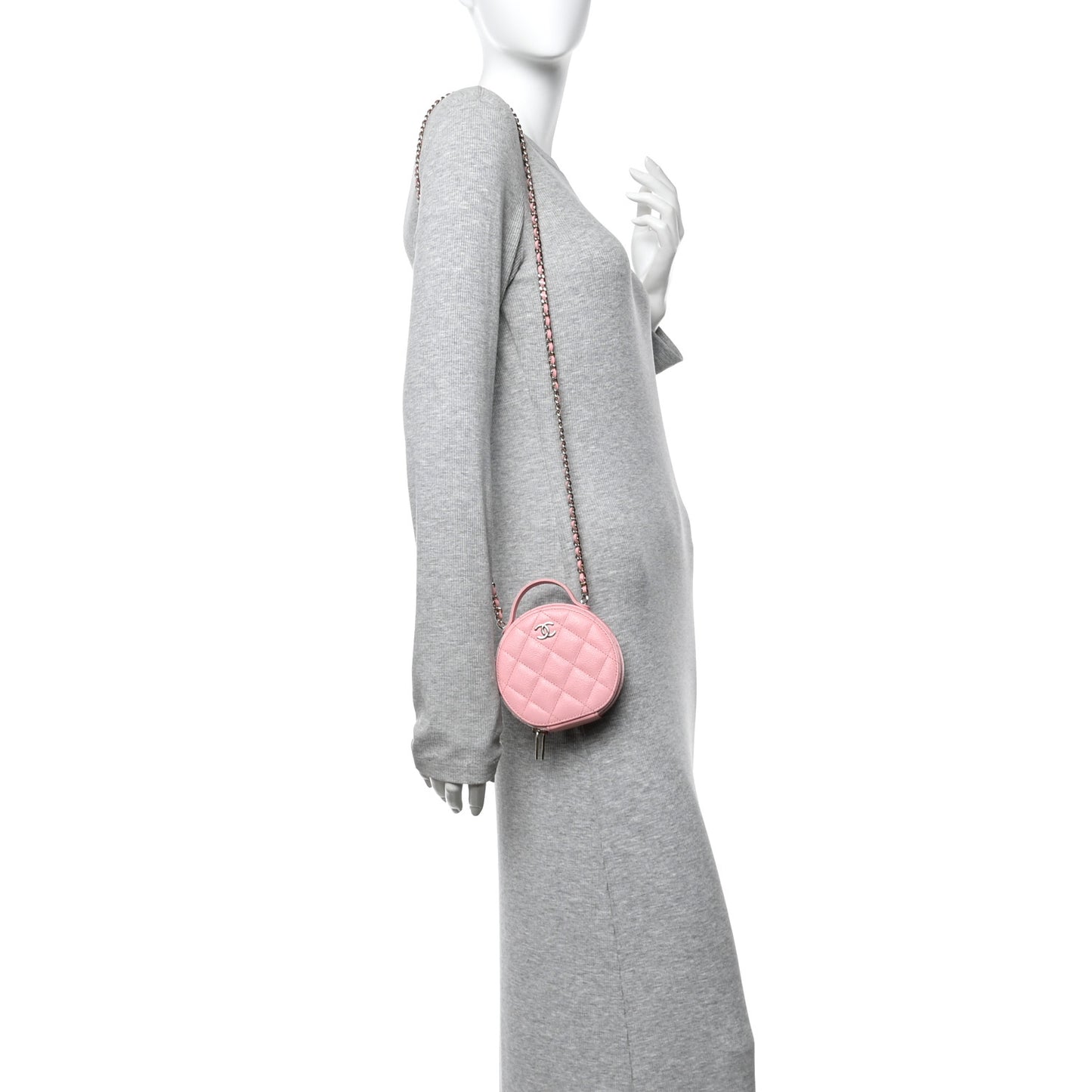 Caviar Quilted Round Handle With Care Vanity With Chain Pink