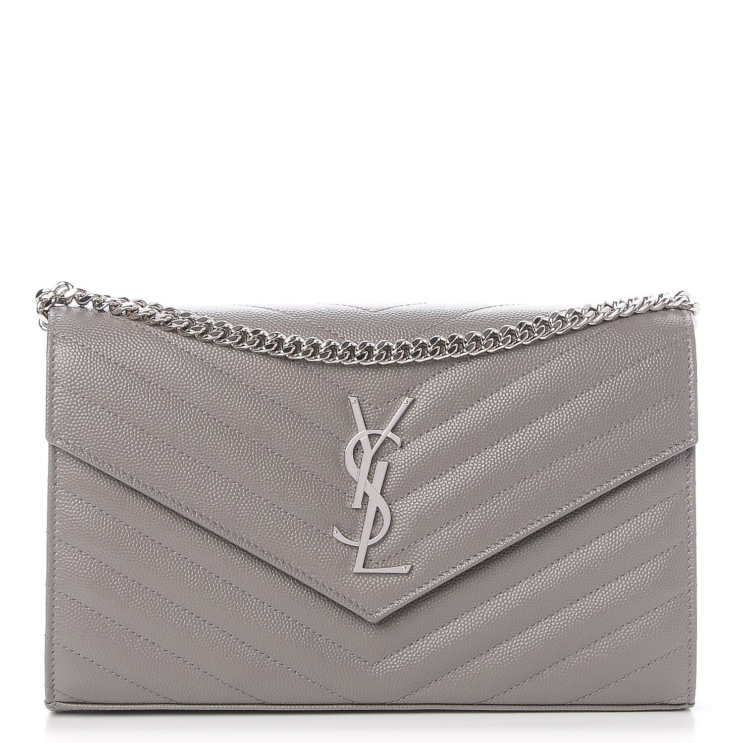 Saint Laurent Grain De Poudre Matelasse Chevron Monogram Chain Wallet Fog 1 of 6