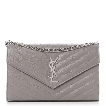 Saint Laurent Grain De Poudre Matelasse Chevron Monogram Chain Wallet Fog 1 of 6