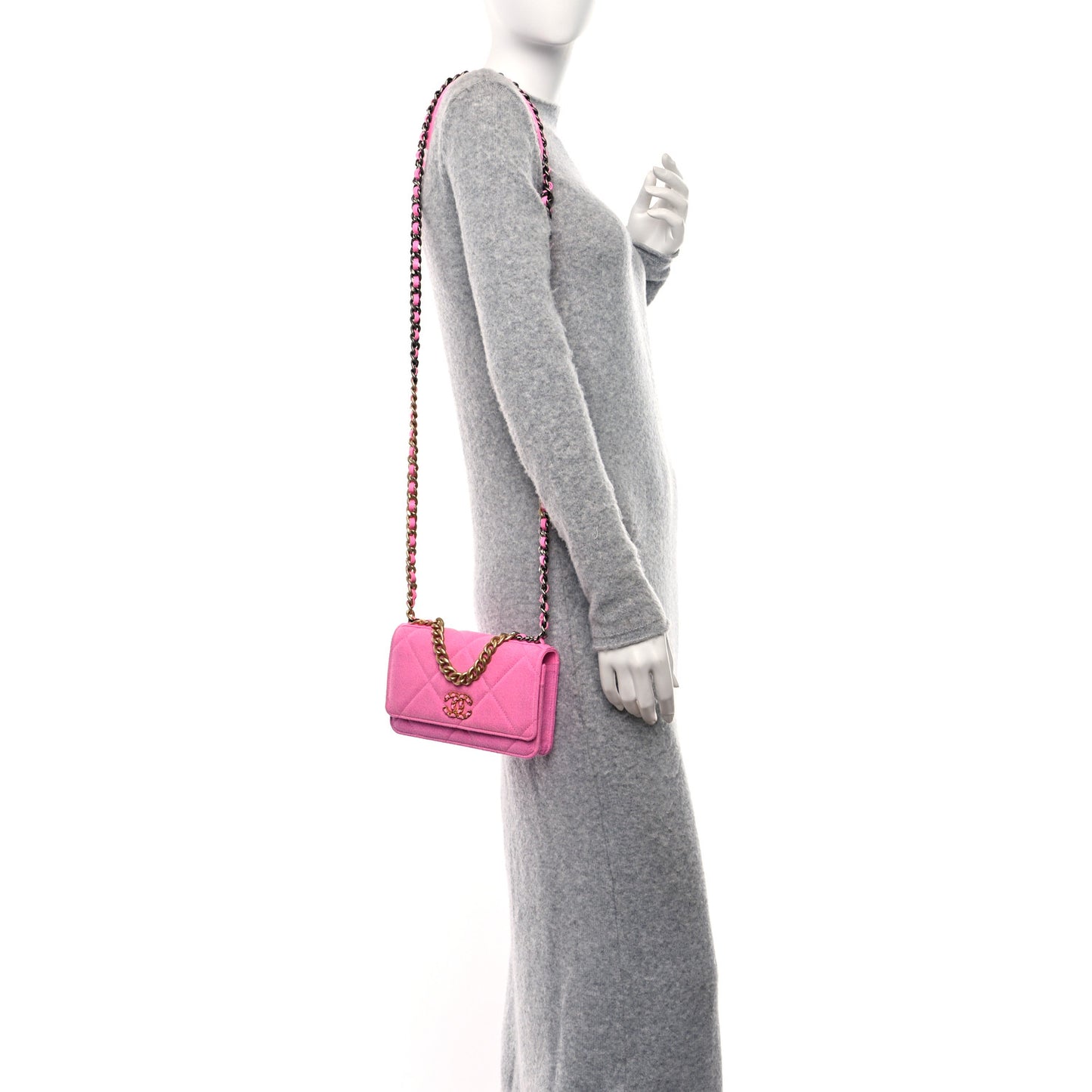 Denim Quilted Chanel 19 Wallet On Chain WOC Neon Pink