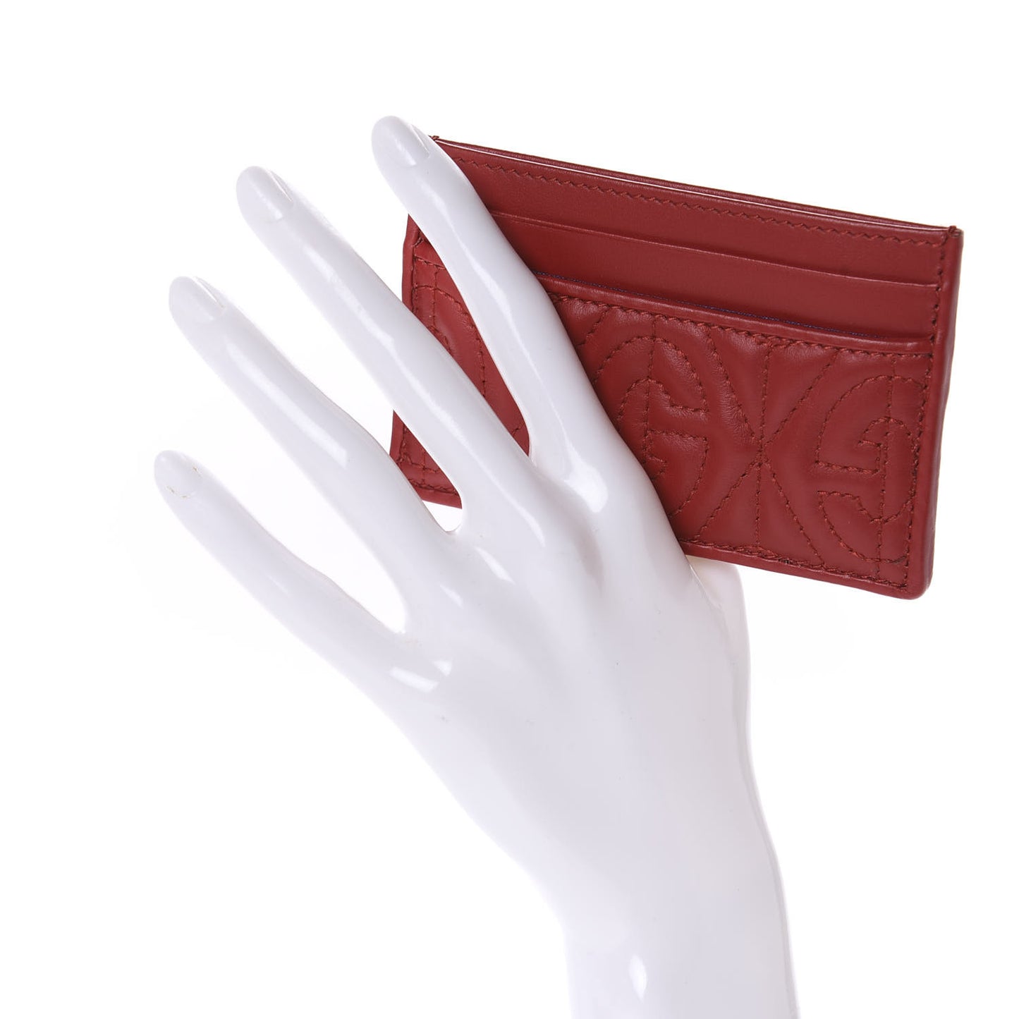 Calfskin G Rhombus Quilted Card Holder Hibiscus Red