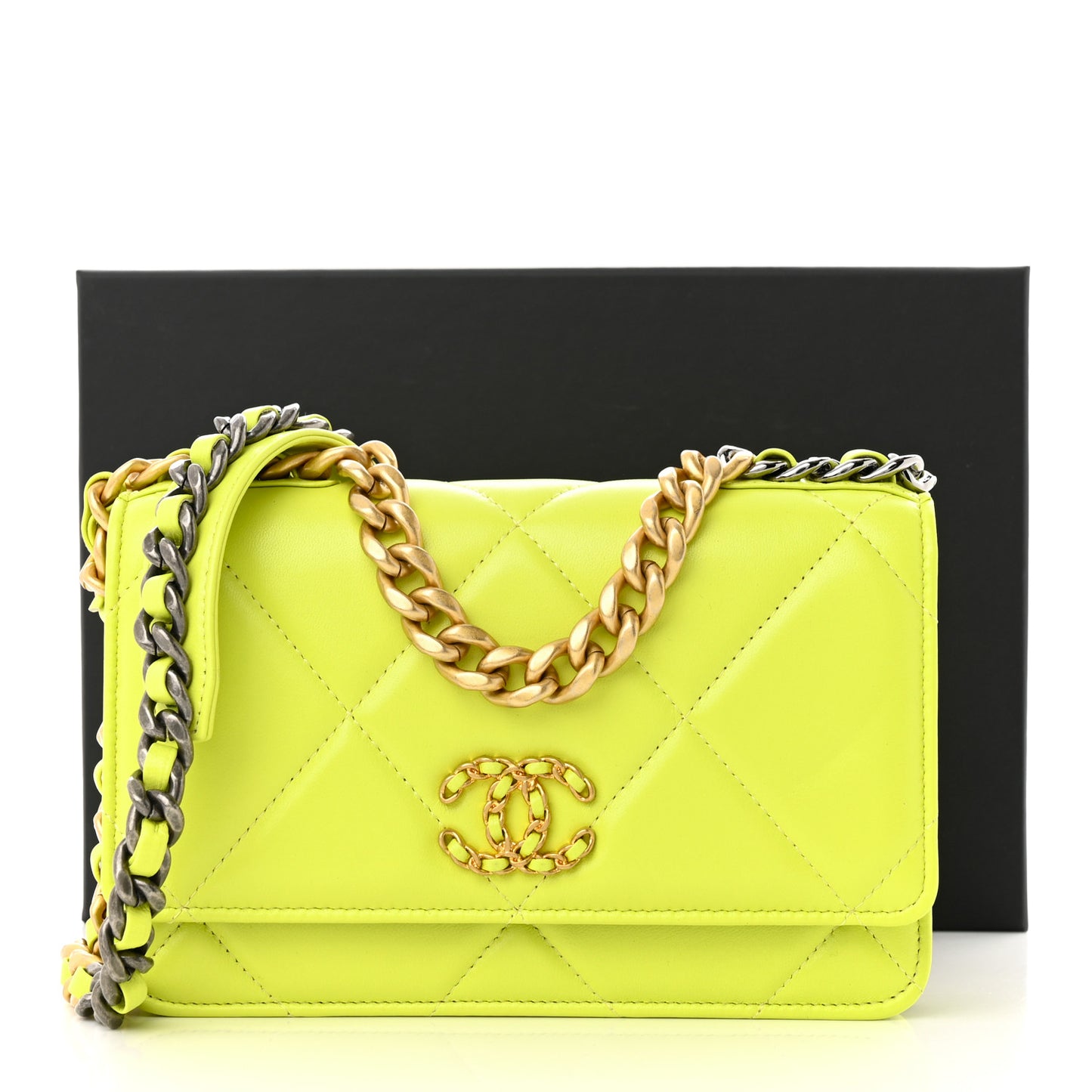 Shiny Lambskin Quilted Chanel 19 Wallet On Chain WOC Neon Yellow