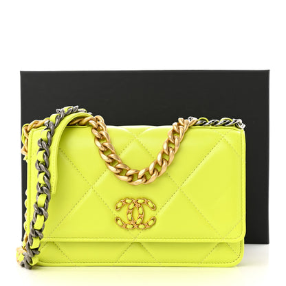 Chanel Shiny Lambskin Quilted Chanel 19 Wallet On Chain WOC Neon Yellow 13 of 13