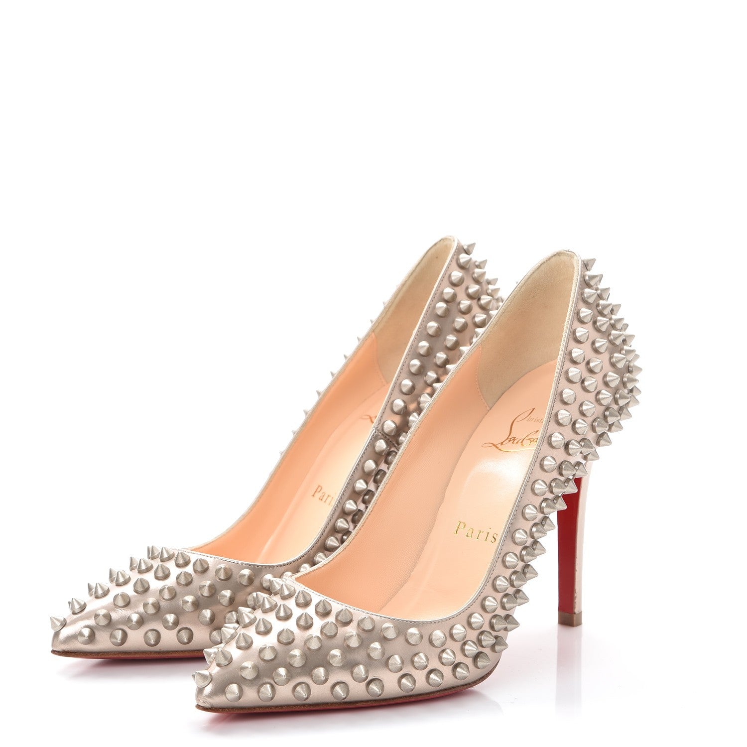 Christian Louboutin Metallic Calfskin Pigalle Spikes 100 Pumps 36 Beige Gold 3 of 7