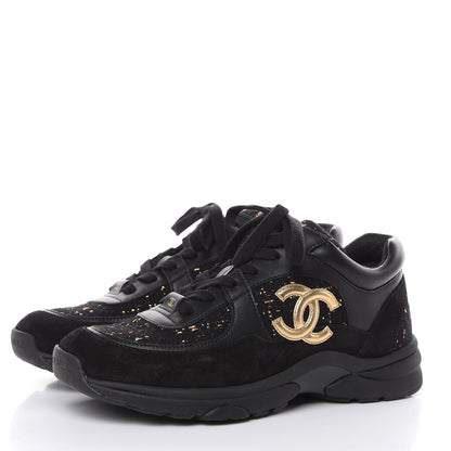 Chanel Suede Tweed CC Sneakers 38.5 Black Gold 3 of 8