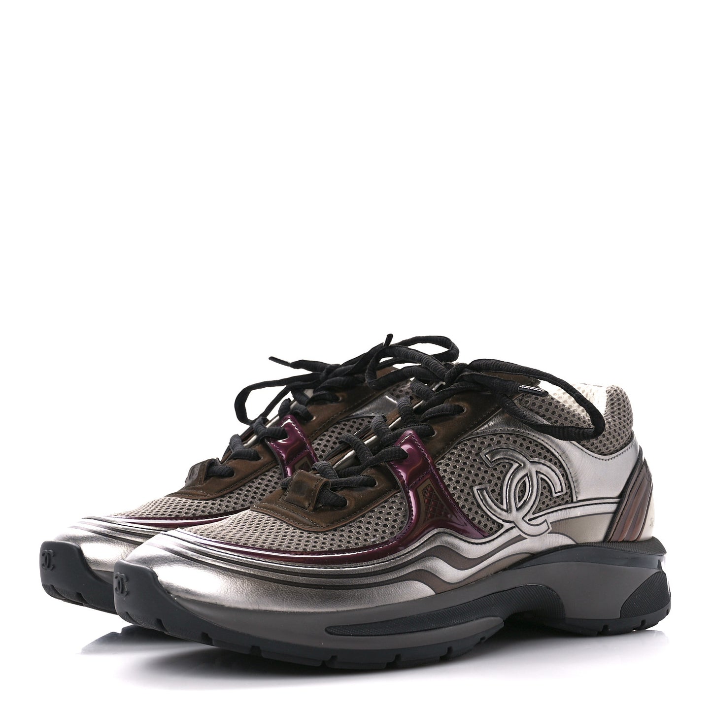 Fabric Laminated Calfskin Stretch CC Womens Sneakers 38.5 Khaki Silver Dark Purple