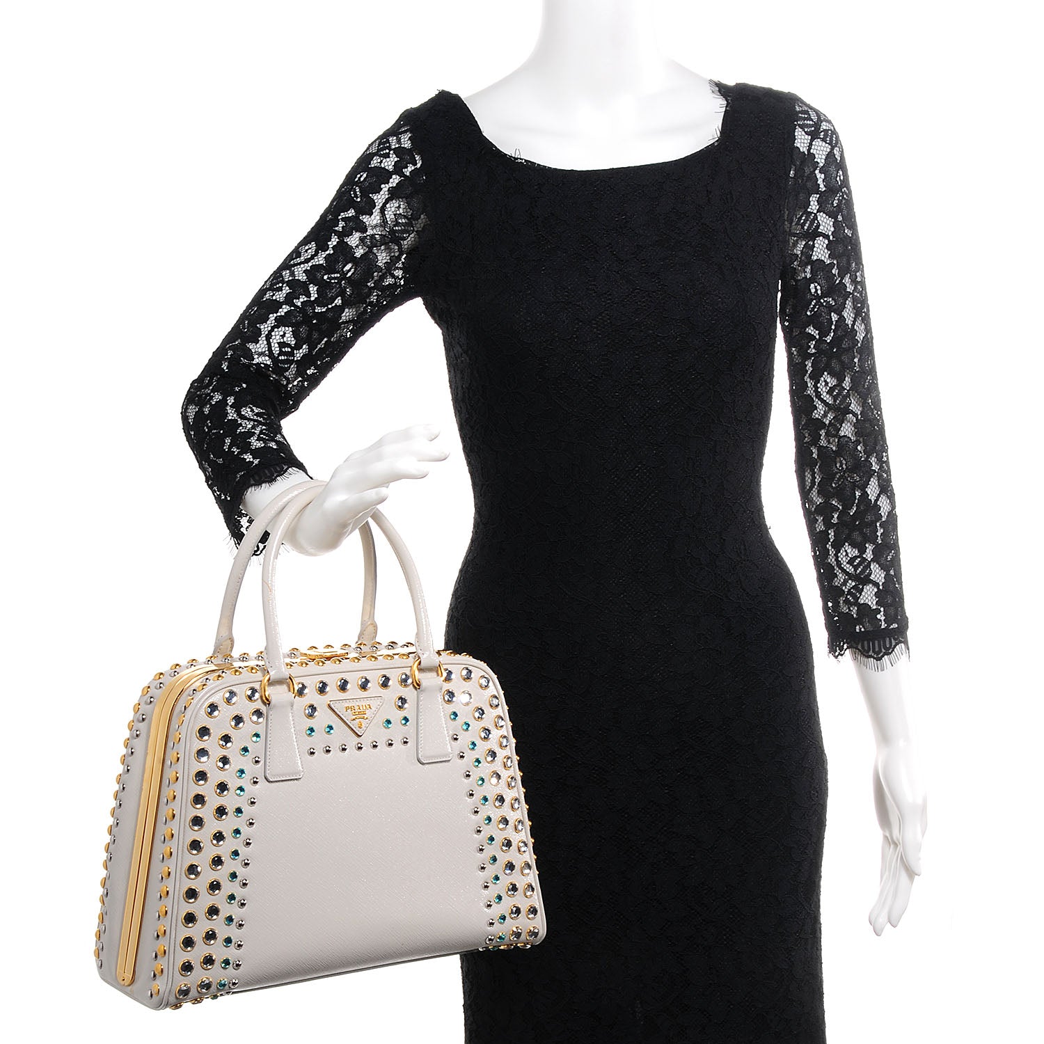 Prada Saffiano Vernice Crystal Pyramid Bag White 2 of 10