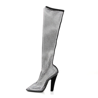 Saint Laurent Mesh Crystal Koller 100 Knee High Boots 37.5 Black 1 of 8