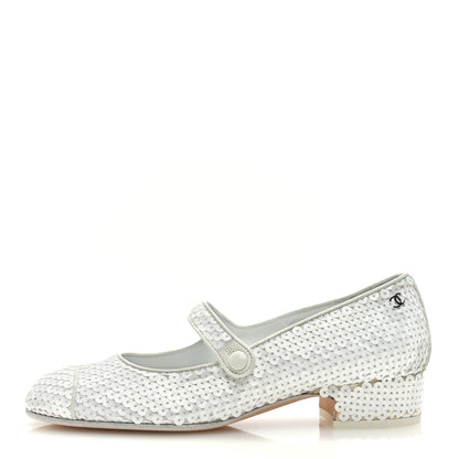 Chanel Calfskin Sequin Mary Janes Pumps 39 White 1 of 8