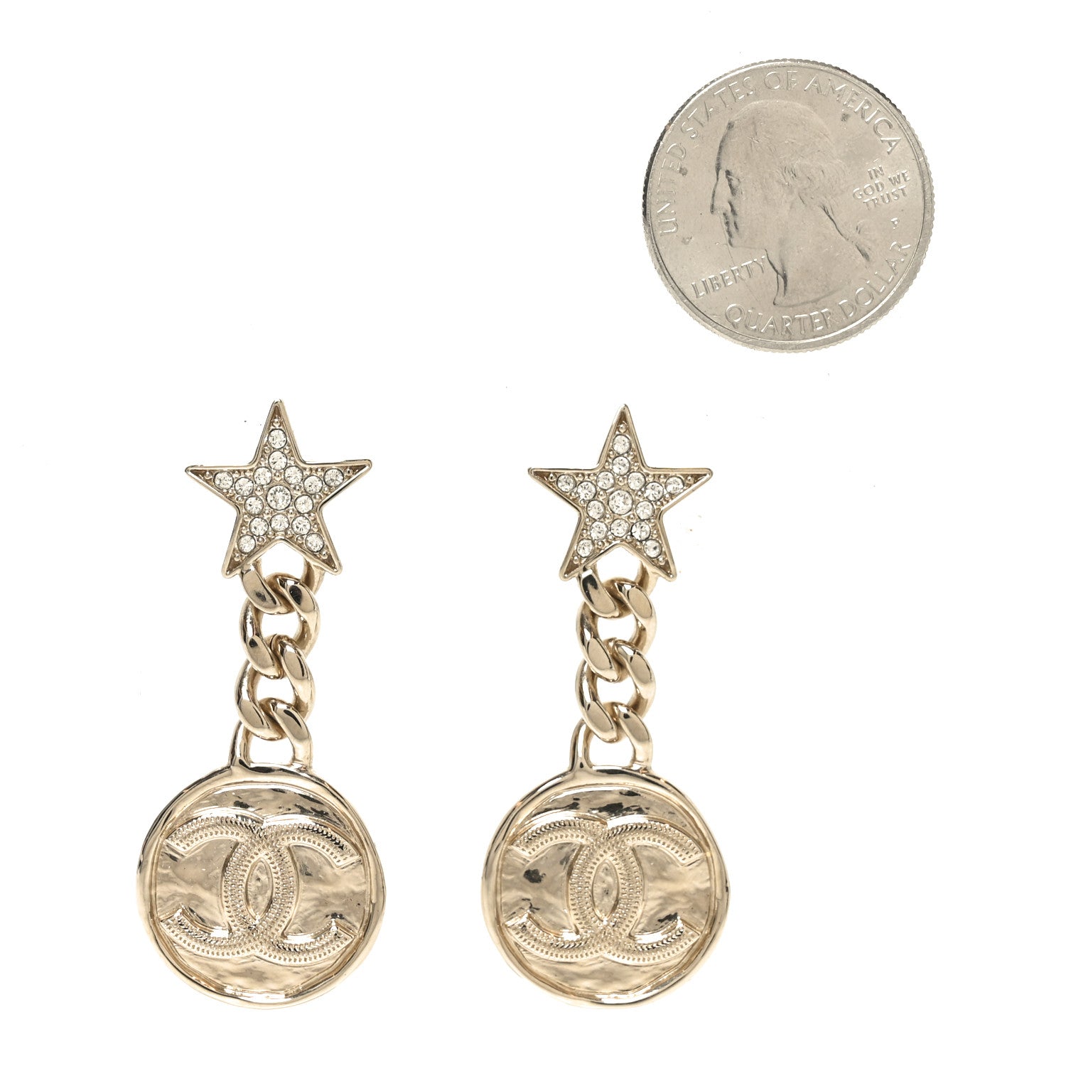 Chanel Metal Crystal Textured CC Star Drop Earrings Gold 2 of 4