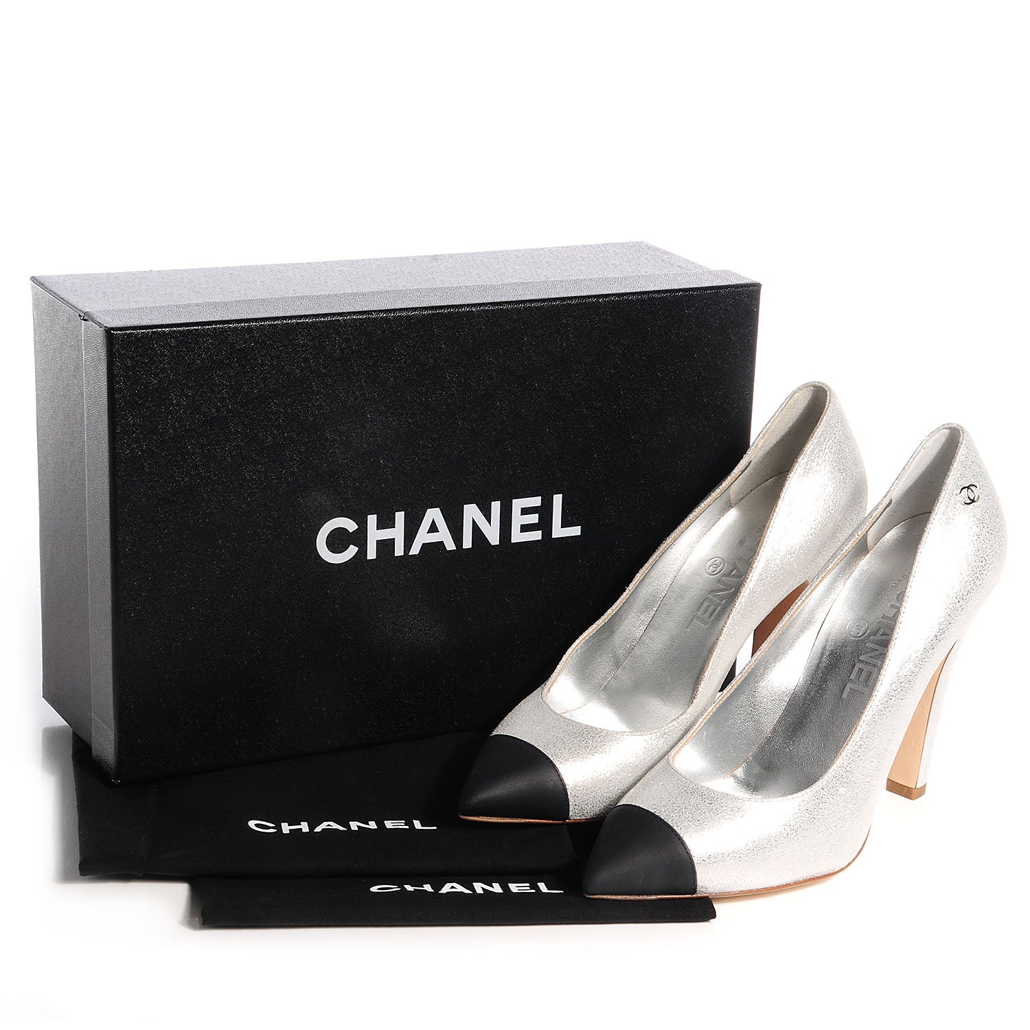 Chanel Metallic Leather Cap Toe Pumps Silver Black 37.5 10 of 10
