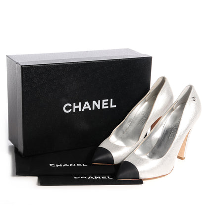 Chanel Metallic Leather Cap Toe Pumps Silver Black 37.5 10 of 10
