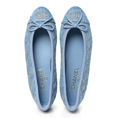 Chanel Washed Denim Quilted Cap Toe CC Ballerina Flats 37 Blue 2 of 10