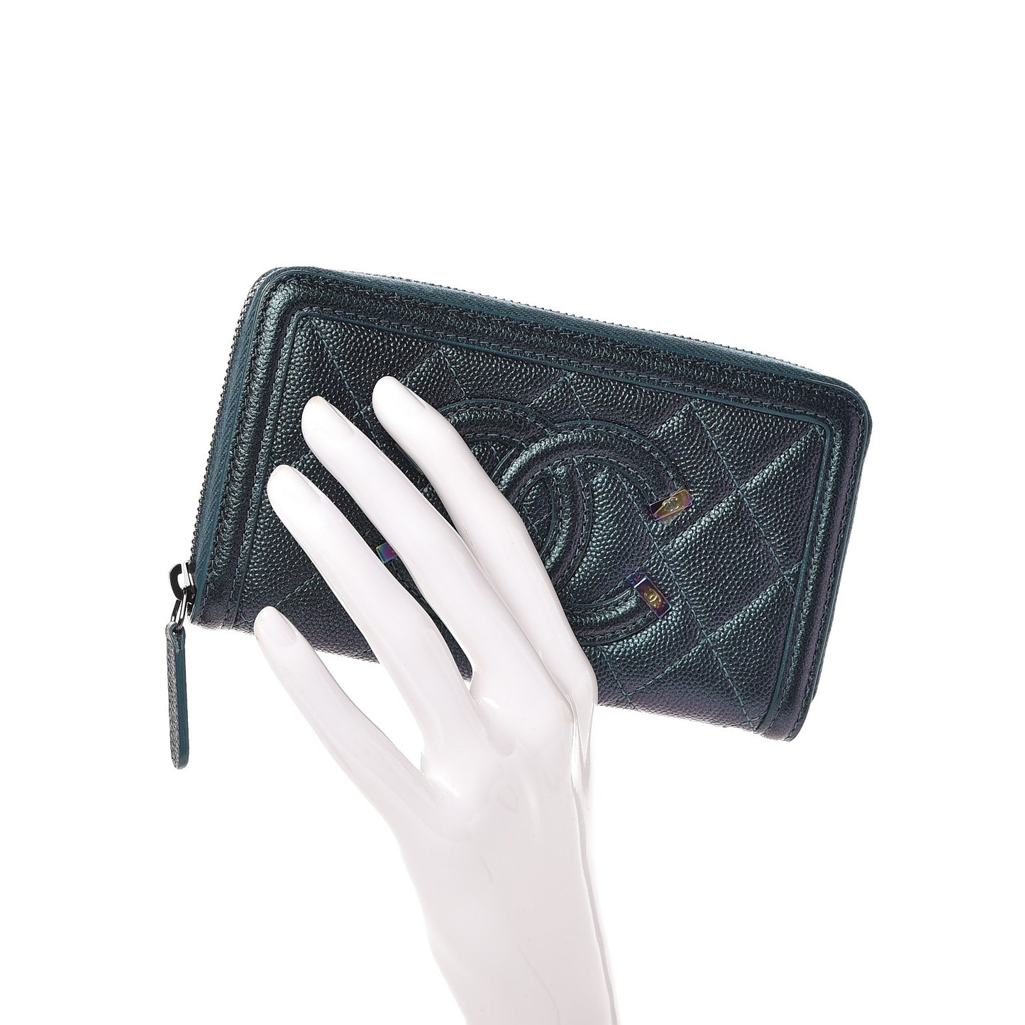 Iridescent Caviar Quilted Medium Filigree Zip Around Wallet Dark Turquoise