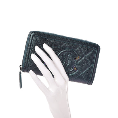 Chanel Iridescent Caviar Quilted Medium Filigree Zip Around Wallet Dark Turquoise 2 of 9