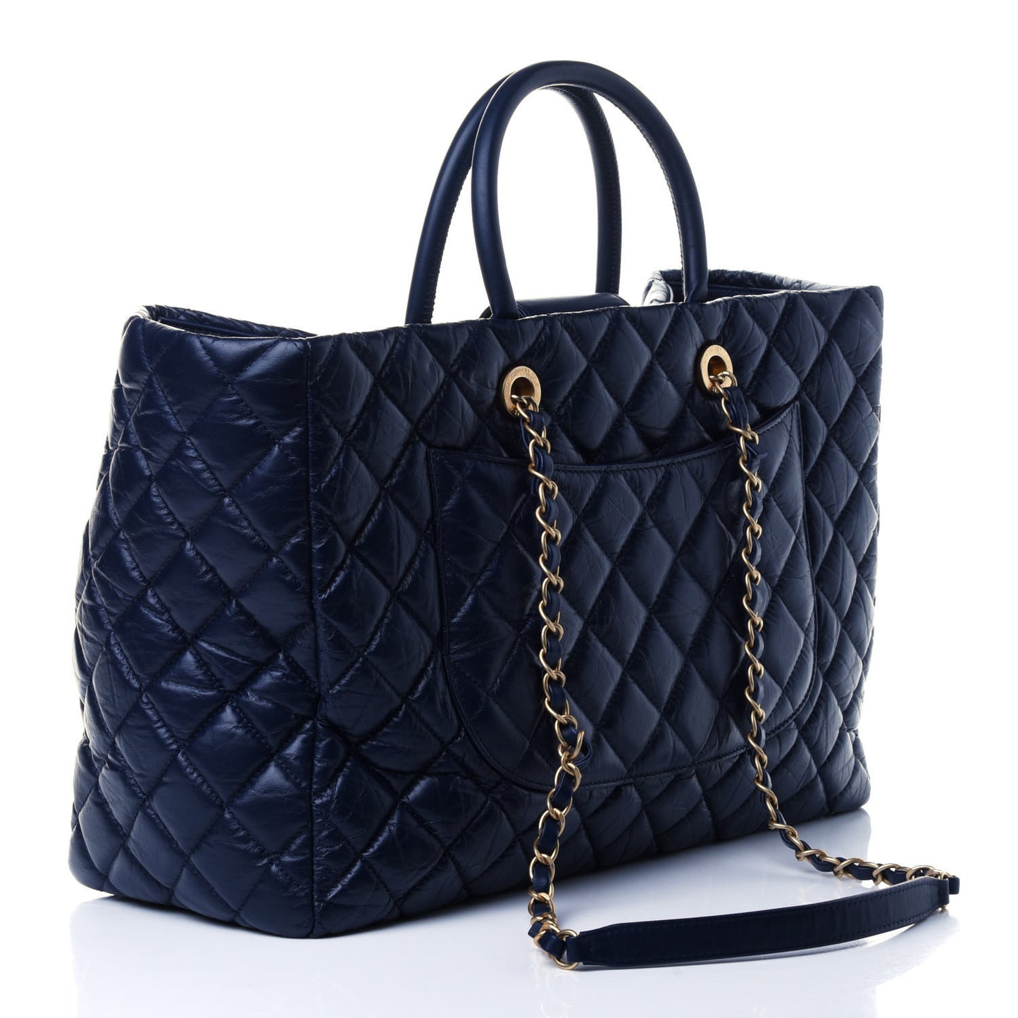 Aged Calfskin Quilted Large Coco Handle Shopping Tote Navy