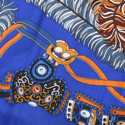 Hermes Cashmere Silk Sous L Egide De Mars Shawl 140 Bleu Royal Orange 5 of 6