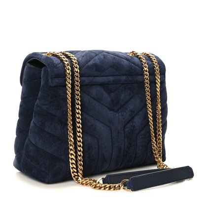 Saint Laurent Suede Calfskin Y Quilted Monogram Small Loulou Chain Satchel Deep Marine 3 of 10