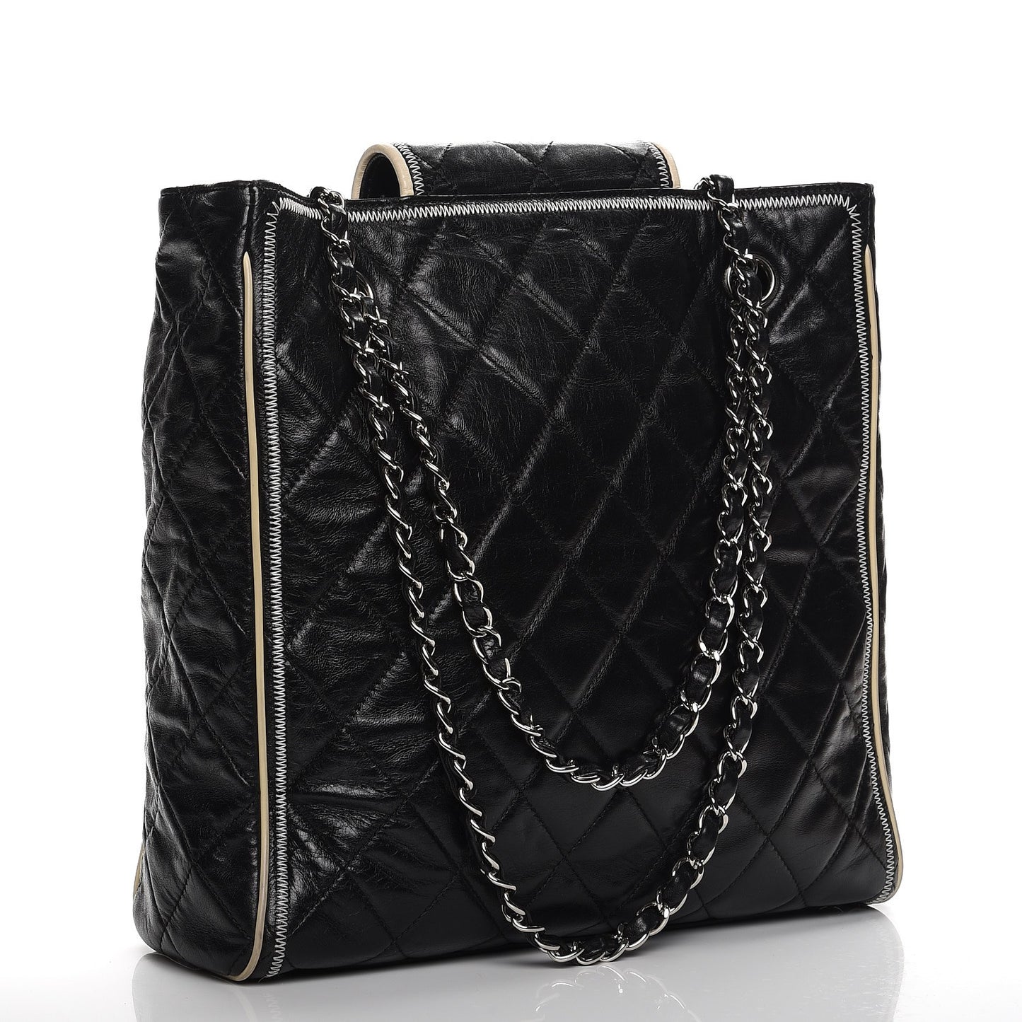 Glazed Lambskin Quilted Large North South Tote Black