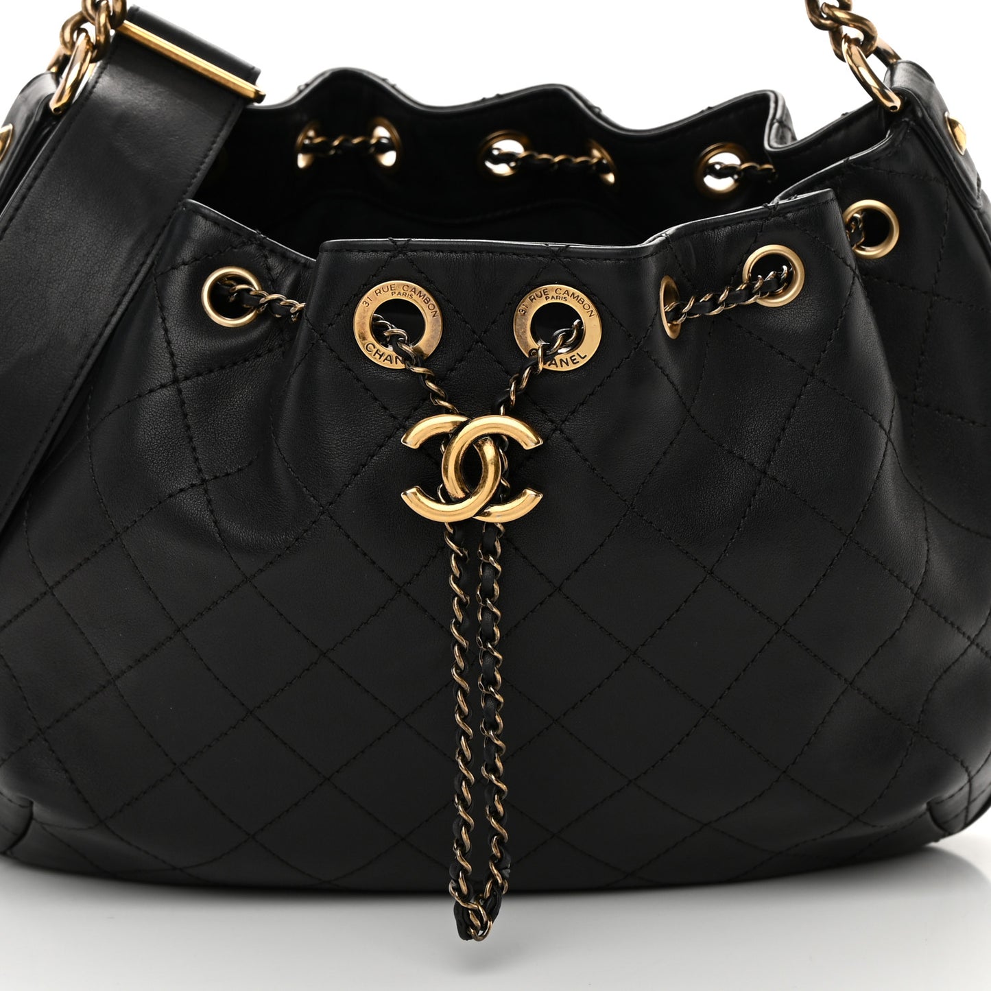 Calfskin Stitched Small Paris Rome Drawstring CC Bag Black
