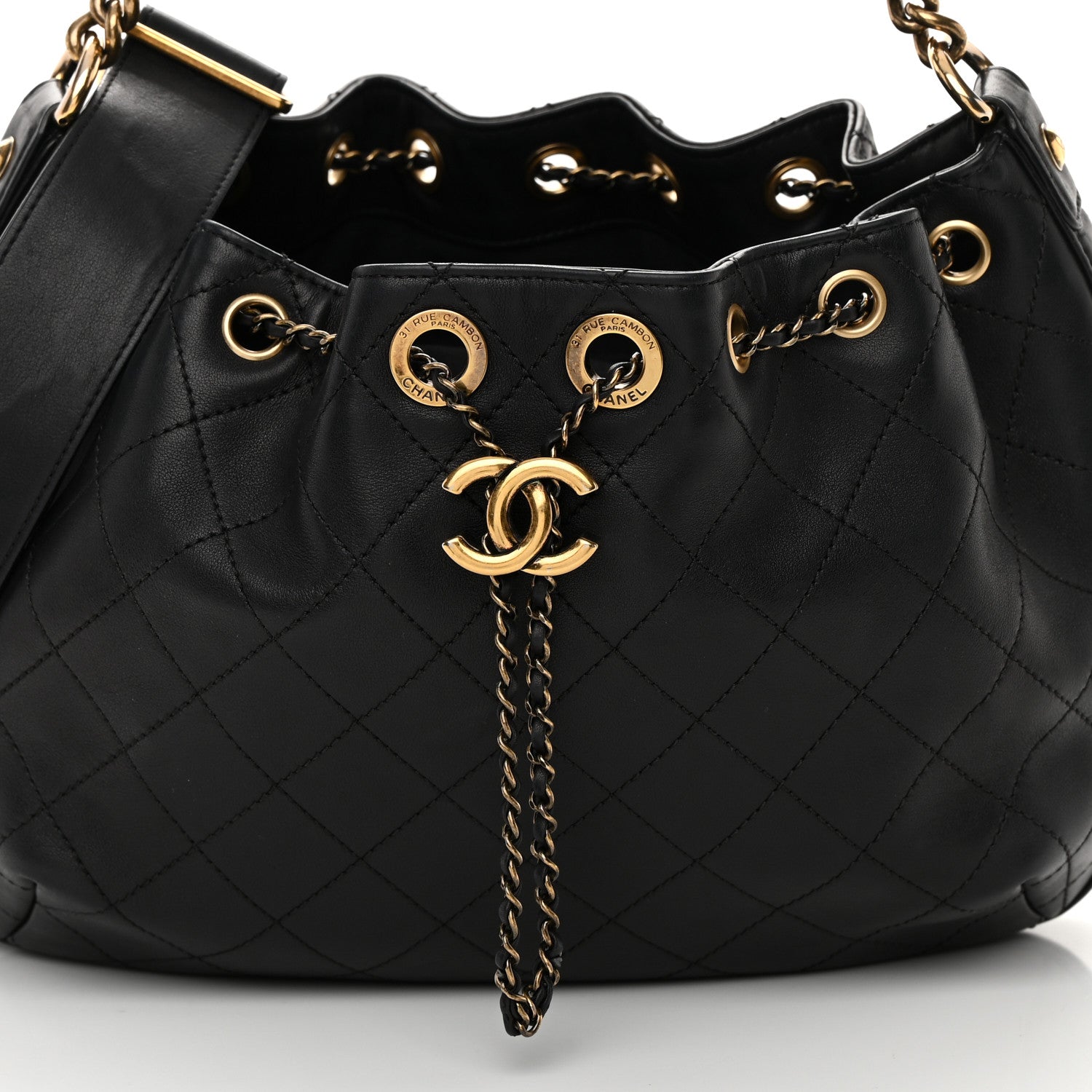 Chanel Calfskin Stitched Small Paris Rome Drawstring CC Bag Black 8 of 19