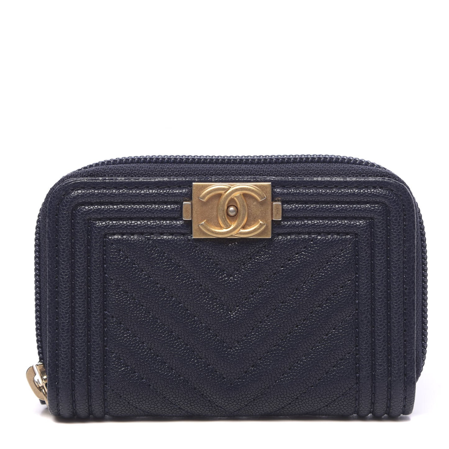 Caviar Chevron Quilted Boy Zip Around Coin Purse Wallet Navy Blue