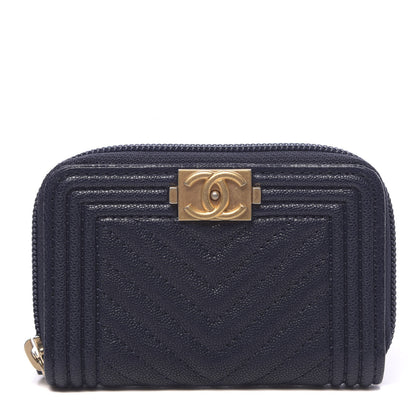 Chanel Caviar Chevron Quilted Boy Zip Around Coin Purse Wallet Navy Blue 1 of 8