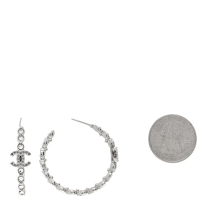 Chanel Metal Crystal CC Hoop Earrings Silver 2 of 4