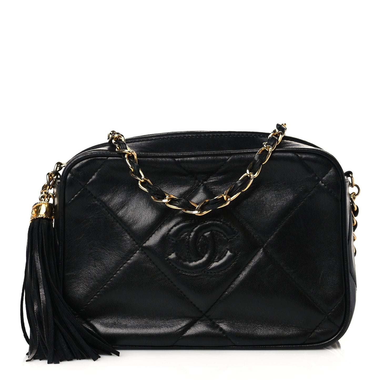 Lambskin Quilted CC Tassel Camera Case Black