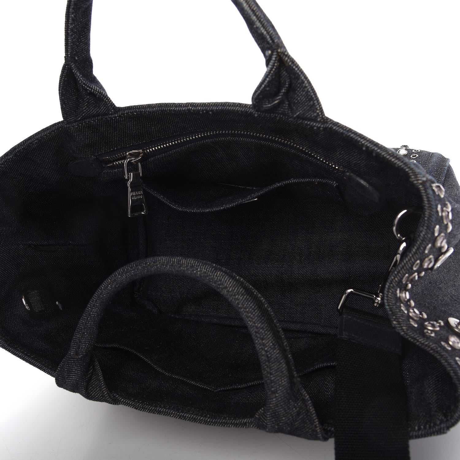 Prada Denim Crystal Studded Canapa Tote Black 5 of 9
