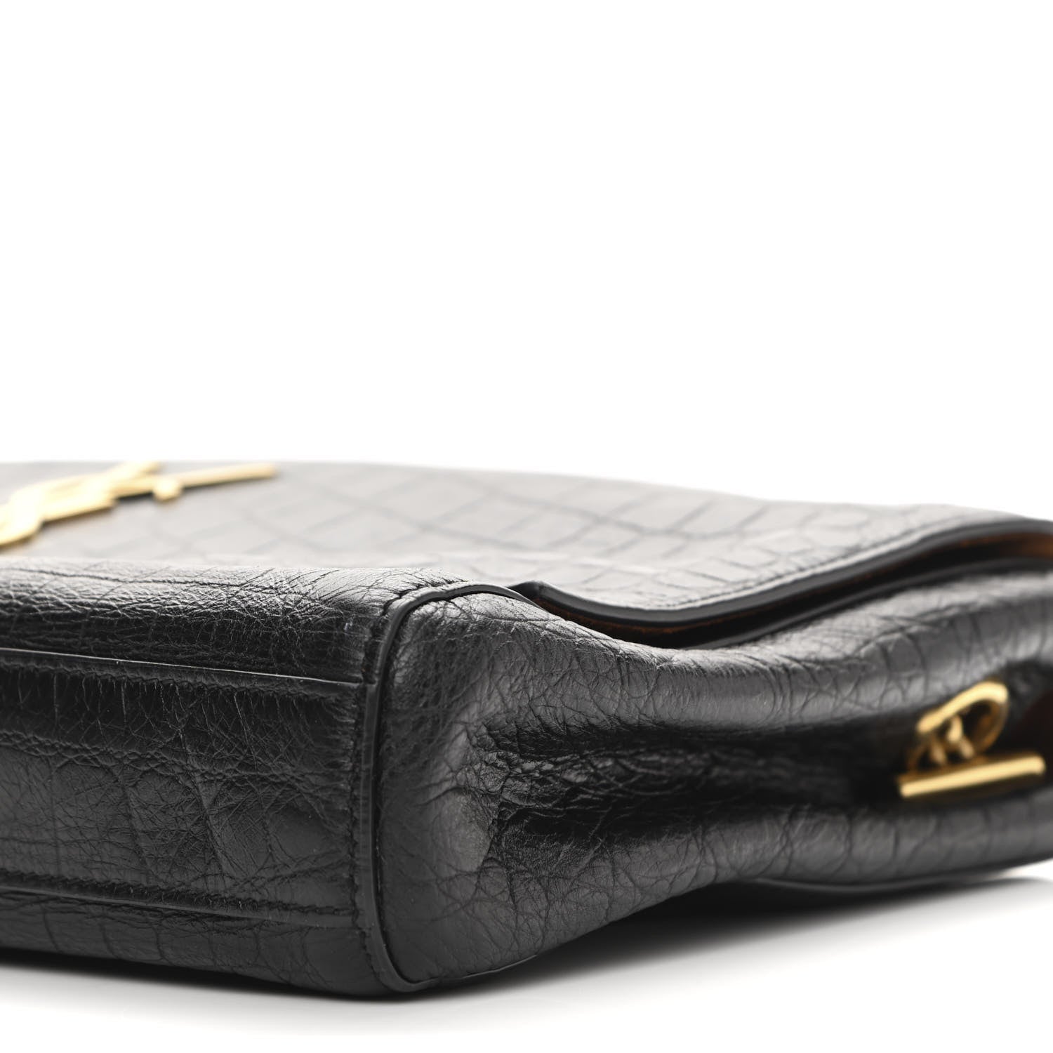 Saint Laurent Calfskin Crocodile Embossed Suede Medium Reversible Monogram Kate Satchel Military Taupe 15 of 19