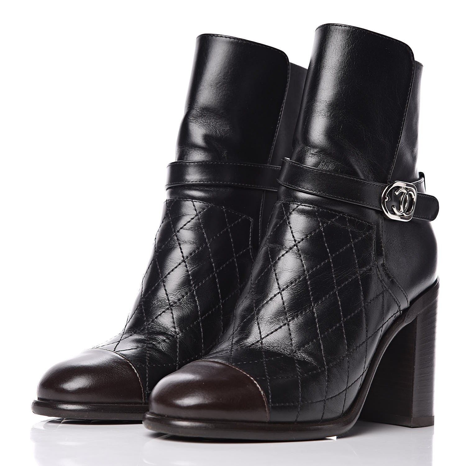 Chanel Calfskin Quilted Cap Toe Boots 36.5 Black Brown 2 of 14