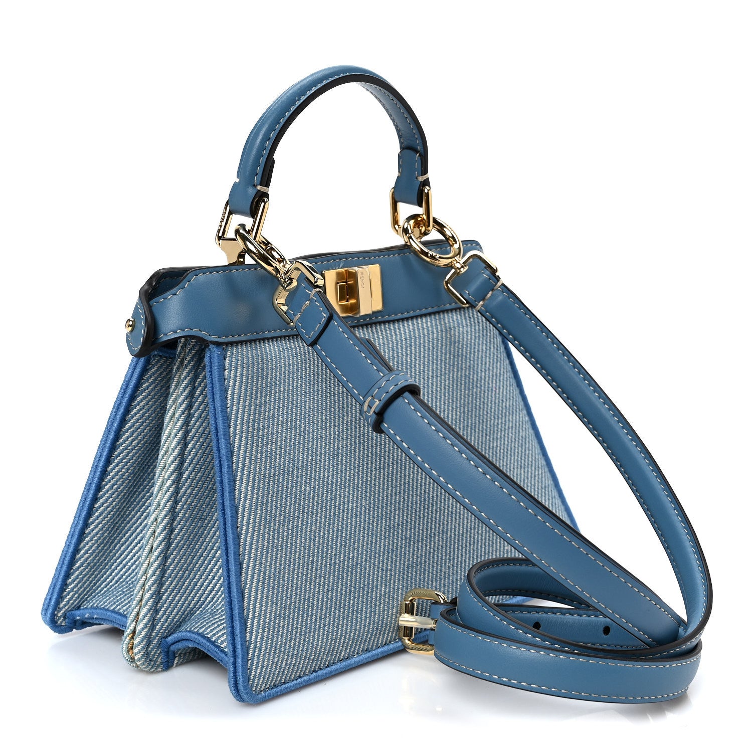 Fendi Woven Fabric Calfskin Floral Embroidered Petite Peekaboo I SEE U Satchel Blue 2 of 10