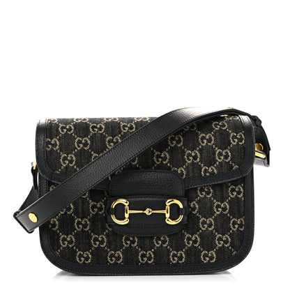 Gucci Jacquard Black Denim GG Monogram Textured Dollar Calfskin Horsebit 1955 Shoulder Bag Black Ivory 1 of 10