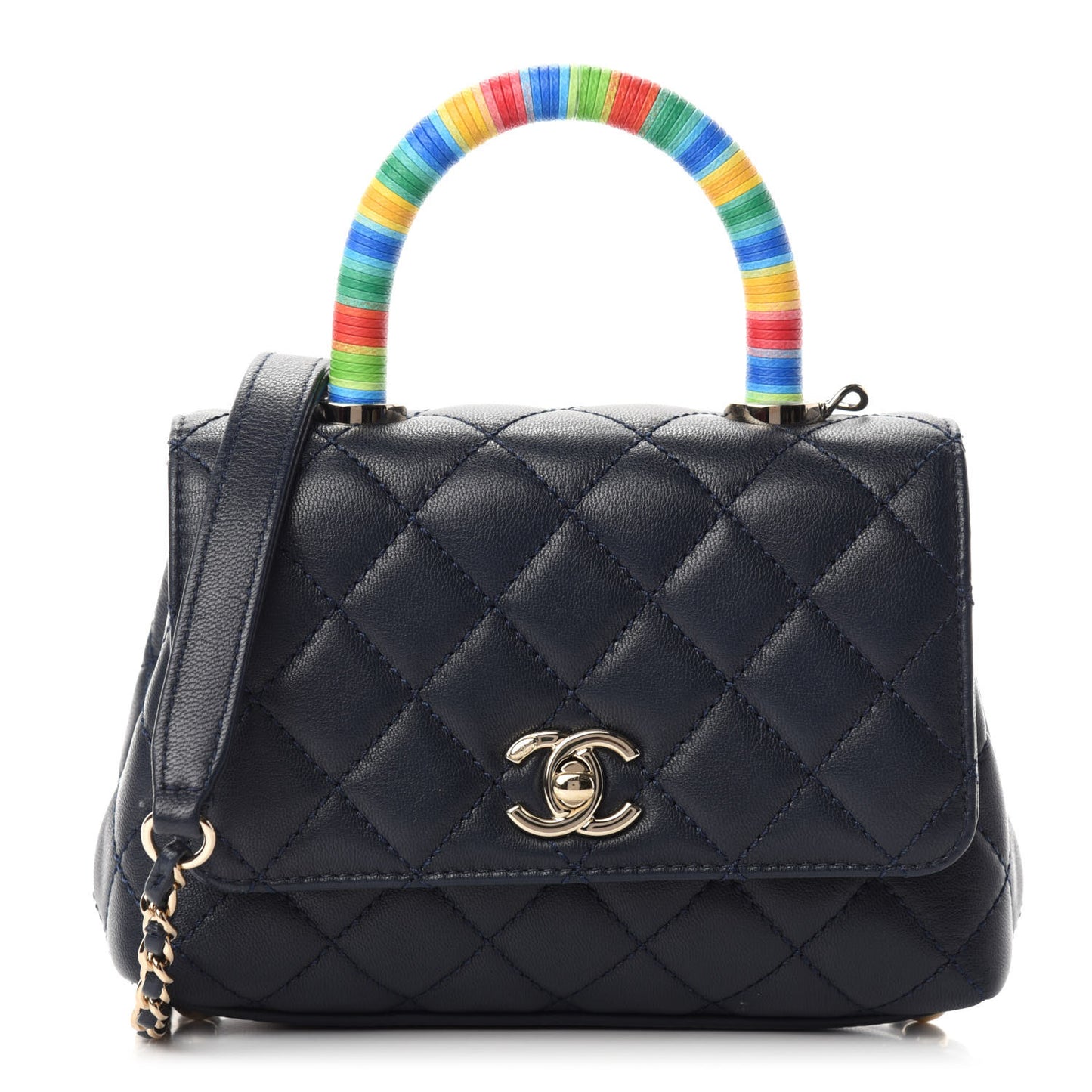 Goatskin Quilted Extra Mini Rainbow Coco Handle Flap Navy Blue